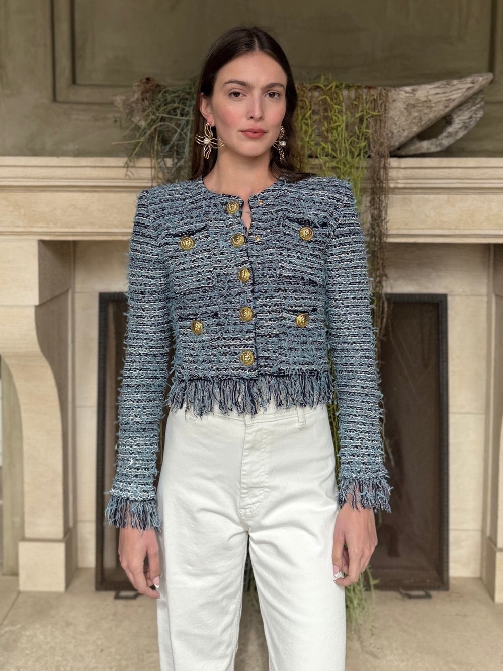 Justine Blue and Navy Fringe Cropped Cardigan Jacket